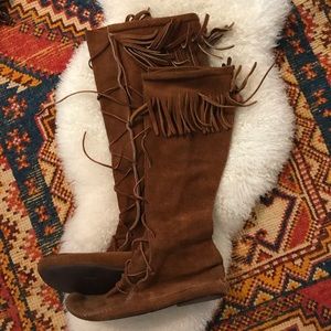 Tall leather fringe moccasins